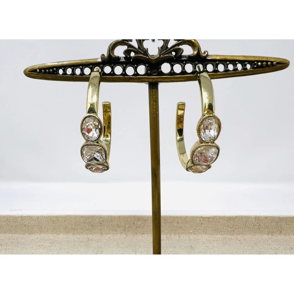 Heidi Daus Gold Tone Clear Crystal Triple Stone Hoop Earrings Pierced C-Hoops